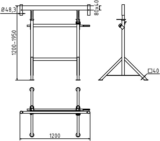 Schake Capră de schelă, K1200, Ø 48,3 mm, 1424 × 1206 × 595 mm, oțel zincat, pliabil